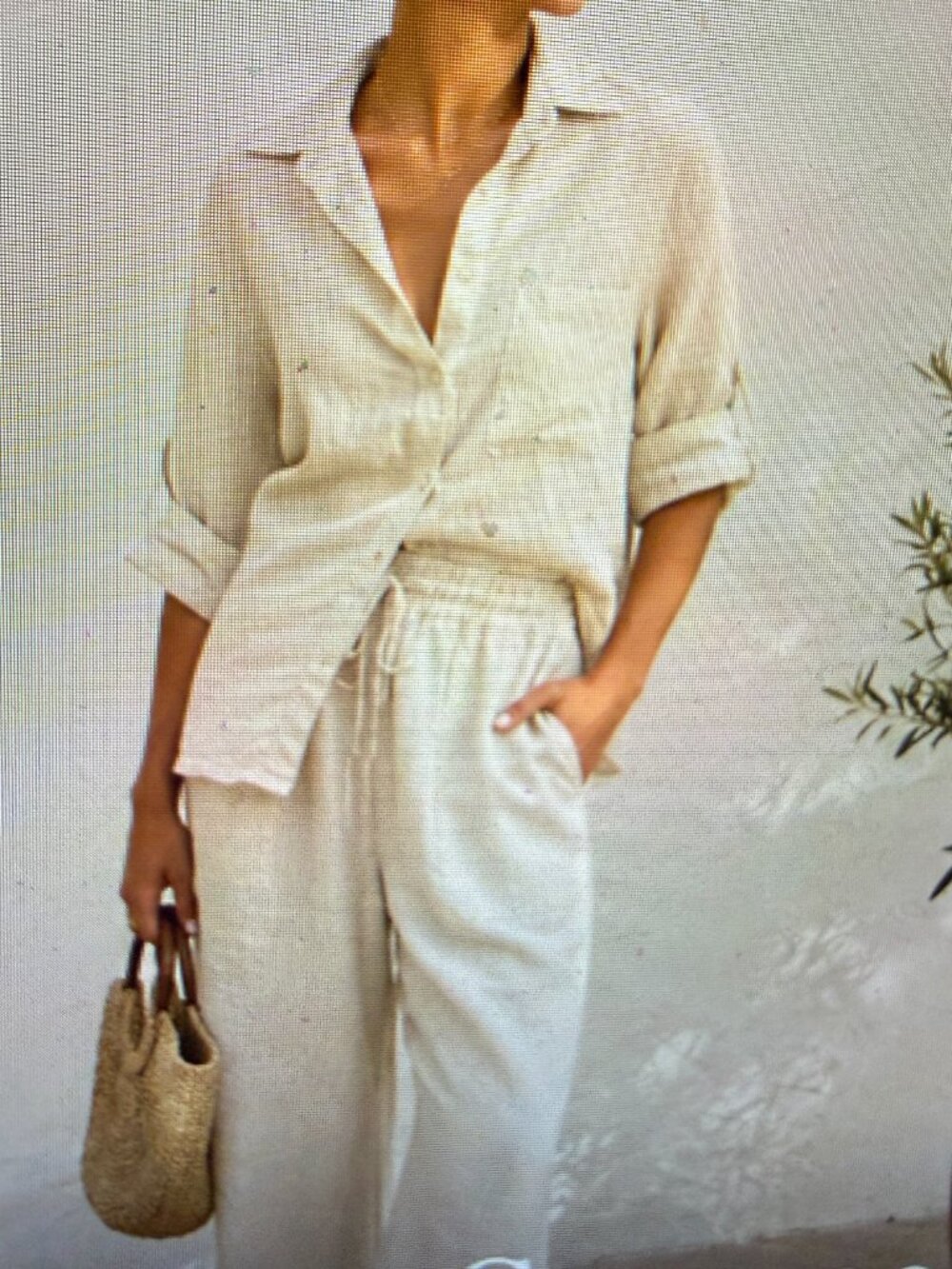 100% Linen FLAX Blouse Top 3/4 Ecru Button Up Placket Classic Career NWOT 16